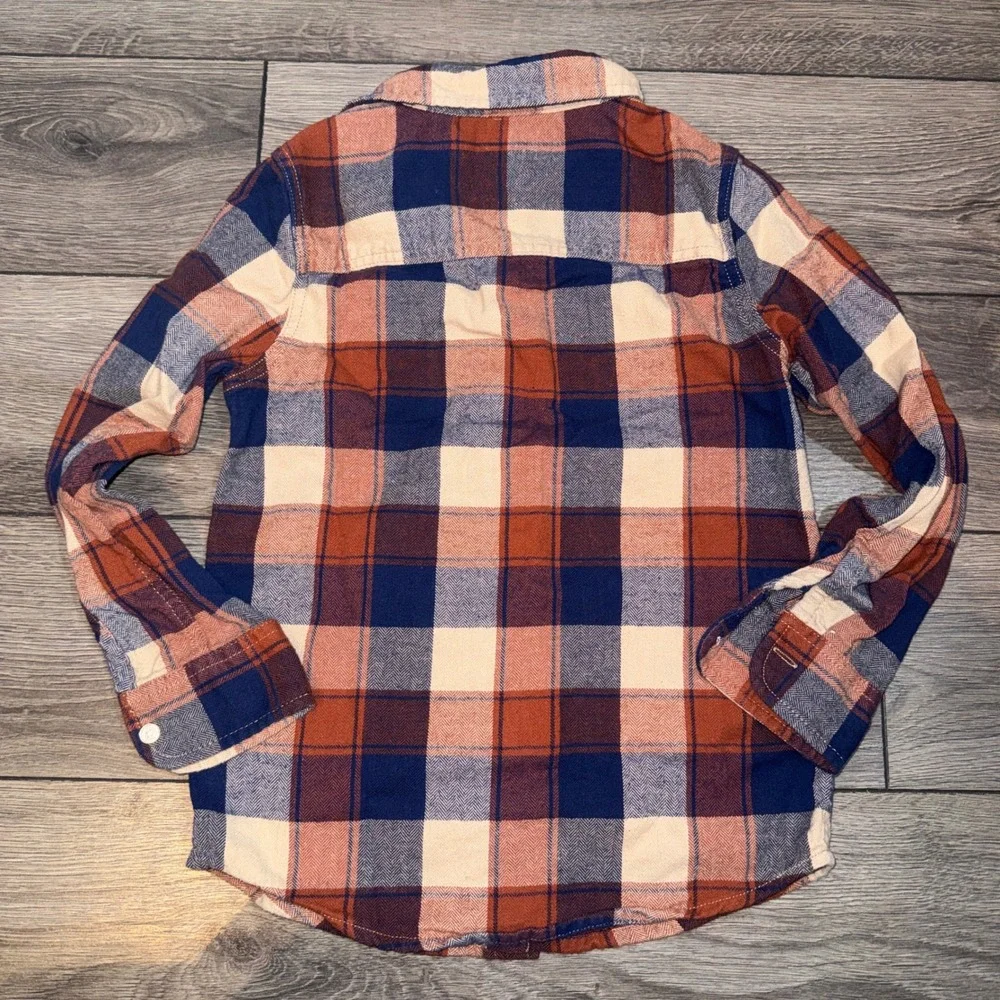 OshKosh Bgosh Boys Plaid Flannel Shirt Navy Orange Herringbone Size 8 8A